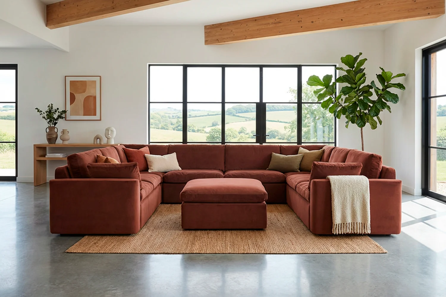 Model 13 U Shaped Sofa with Ottoman, Brick - Image 2